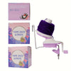 A purple hand crank yarn winder is shown with its packaging and components.