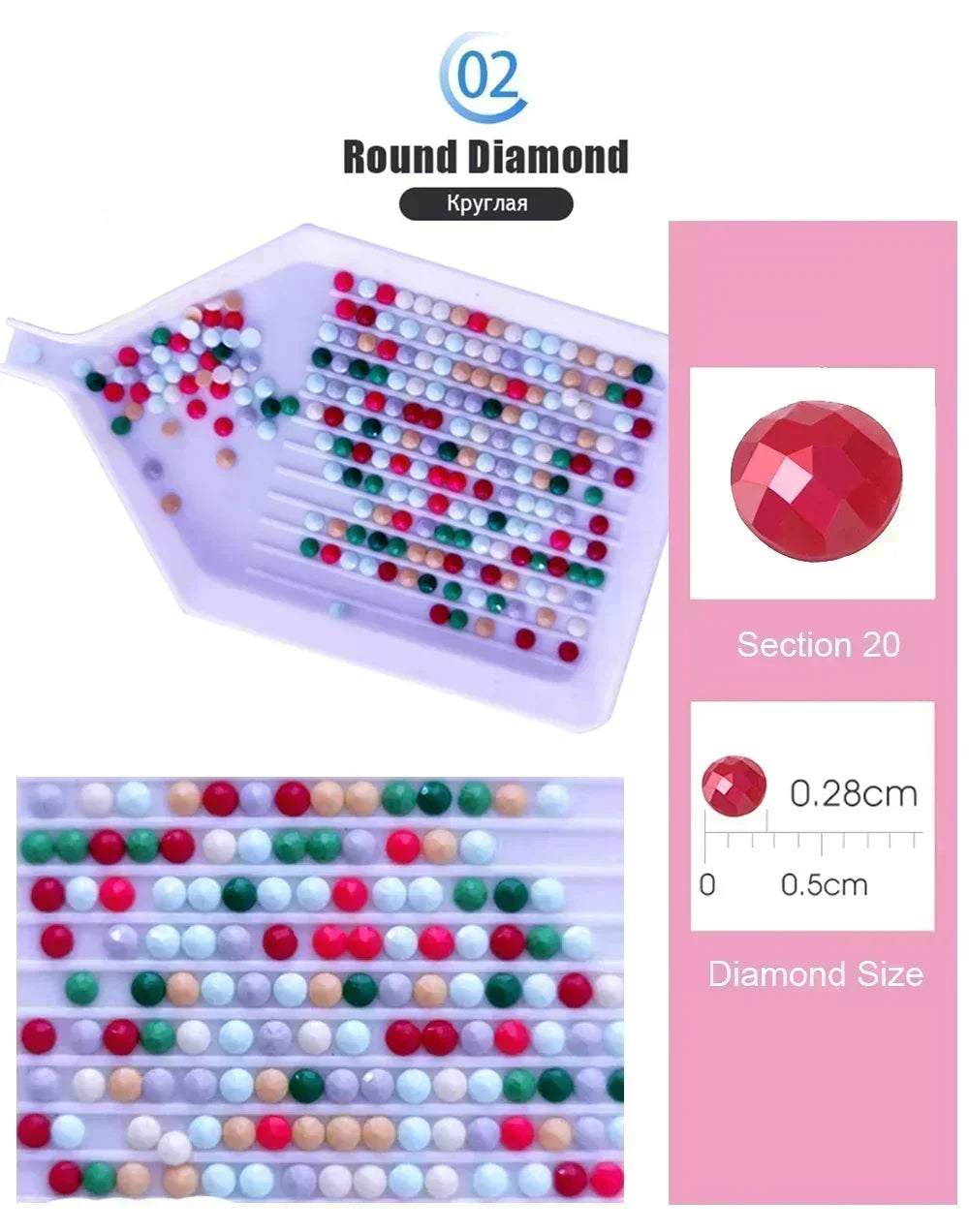 A plastic tray showing various colored round diamonds and gems for a painting kit.