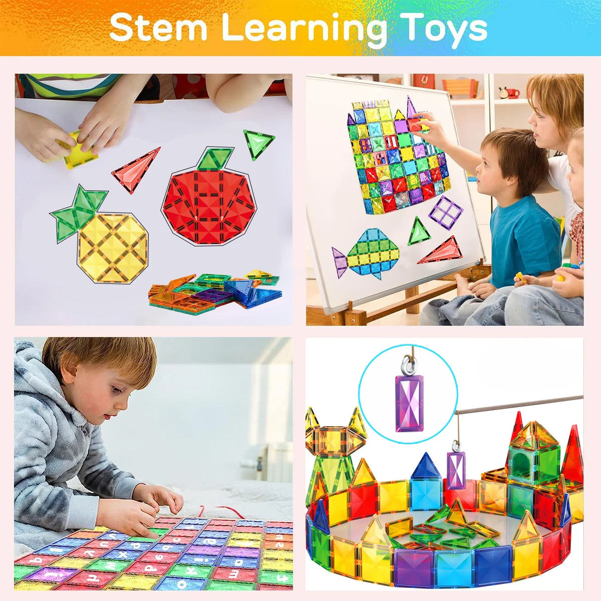 Colorful magnetic building blocks and geometric shapes used for STEM learning and construction