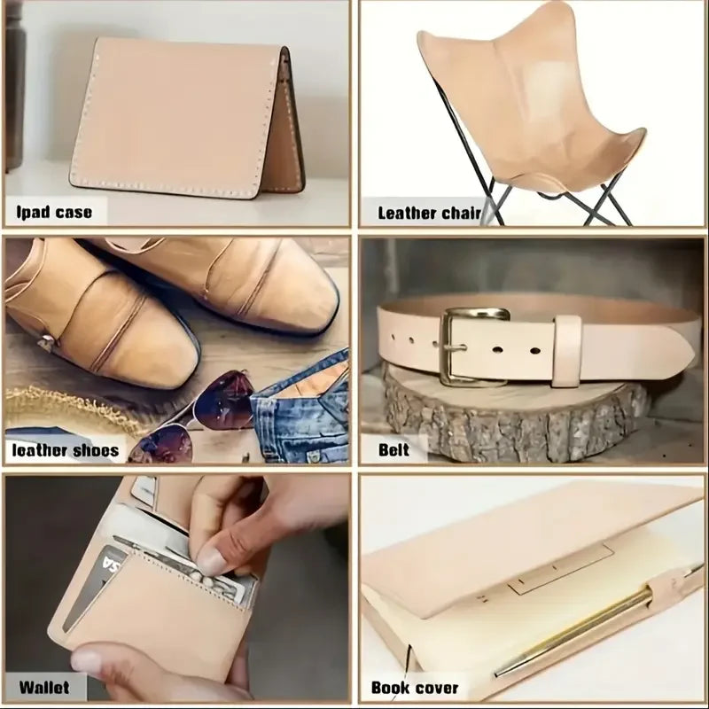 A collection of leather goods including a wallet, belt, shoes, and a chair made from natural vegetable-tanned cowhide leather