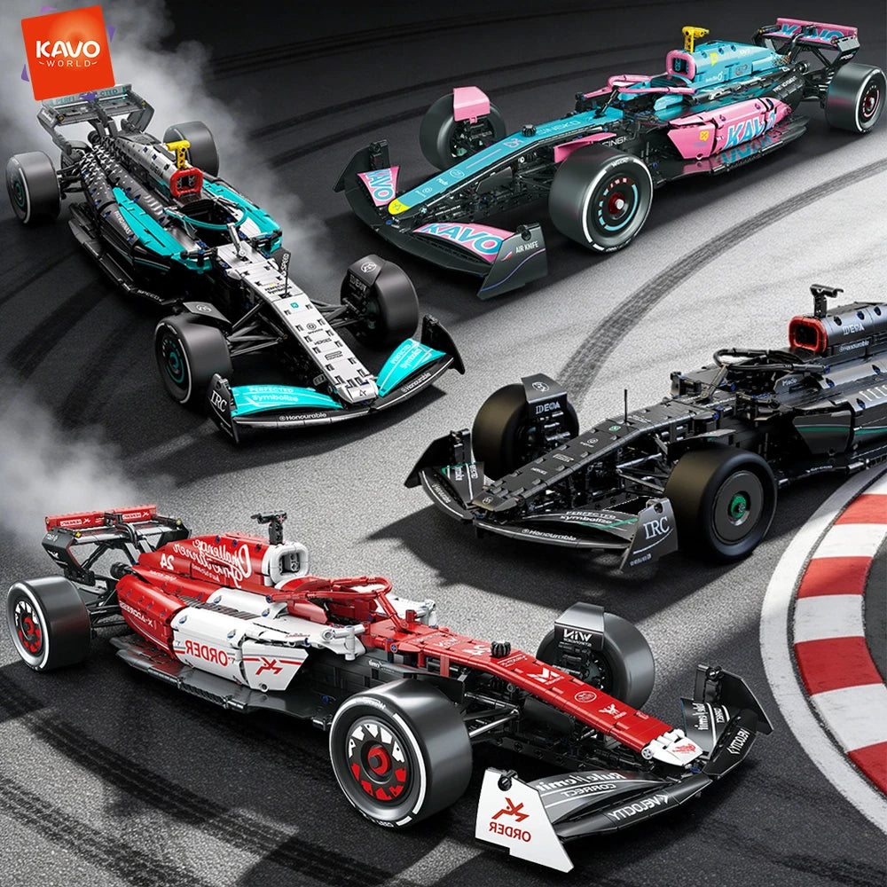 A collection of various 1:8 scale formula racing car building blocks, including a red and black model on the ground.
