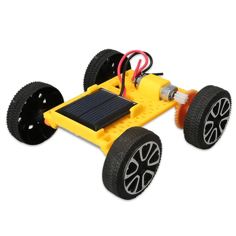 Yellow solar-powered lunar rover model kit with black wheels and electronic components