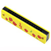 Yellow wooden harmonica for kids featuring cartoon fruit and musical notes.