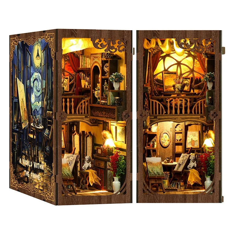 A wooden book nook kit featuring miniature figurines and detailed scenes inside a decorative frame.