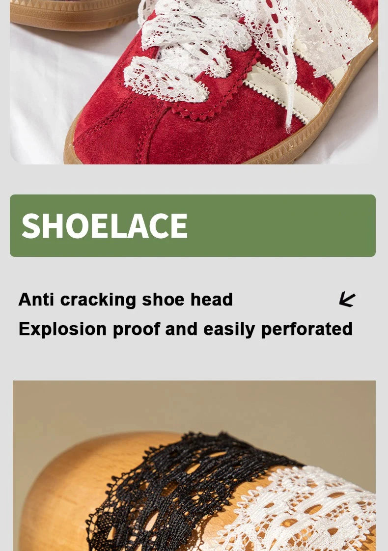 Close-up of red suede shoes with white lace shoelaces and a perforated explosion proof design.