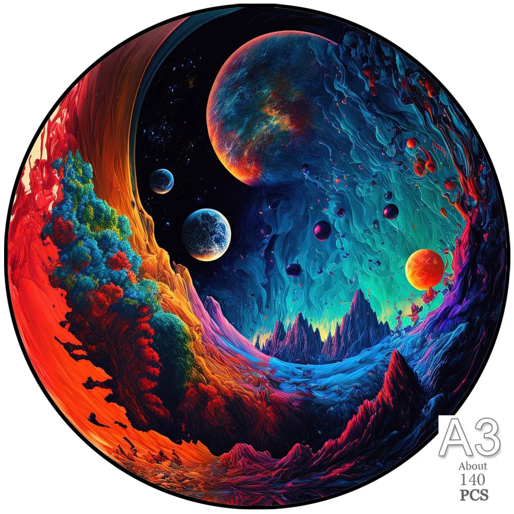 A vibrant, swirling cosmic scene featuring colorful planets and nebulas within a circular frame.