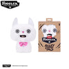 A white plush toy of a monster with large eyes and a pink bow, packaged in a brown box.