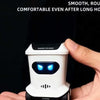 A hand holds a white electronic device resembling a robot face, likely a mini remote control trash can toy.
