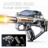 A silver and black electric water gun with a flame ejection feature is shown, along with its battery and charging cable.