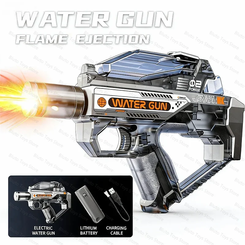 A silver and black electric water gun with a flame ejection feature is shown, along with its battery and charging cable.