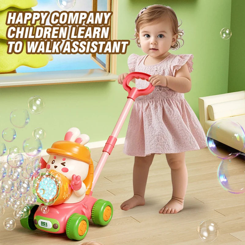 A baby is shown learning to walk with a pink and orange bubble machine toy.