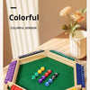 A colorful wooden dice game set displayed on a light wooden surface with natural lighting.