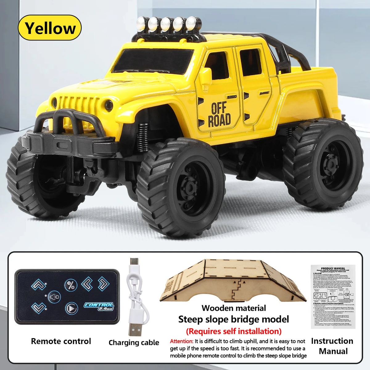 Yellow mini 1:64 scale off-road RC car with LED lights and remote control
