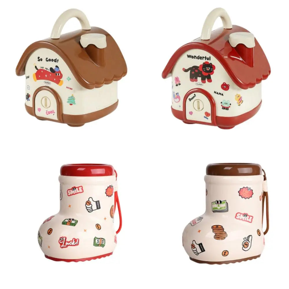 A set of house-shaped piggy banks with lock and key features for kids and adults in various colors.