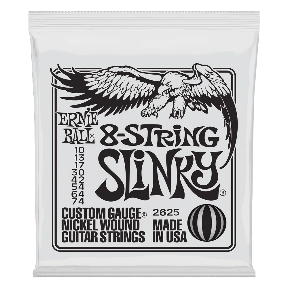 Packaged Ernie Ball 8-String Slinky nickel wound electric guitar strings with an eagle logo.