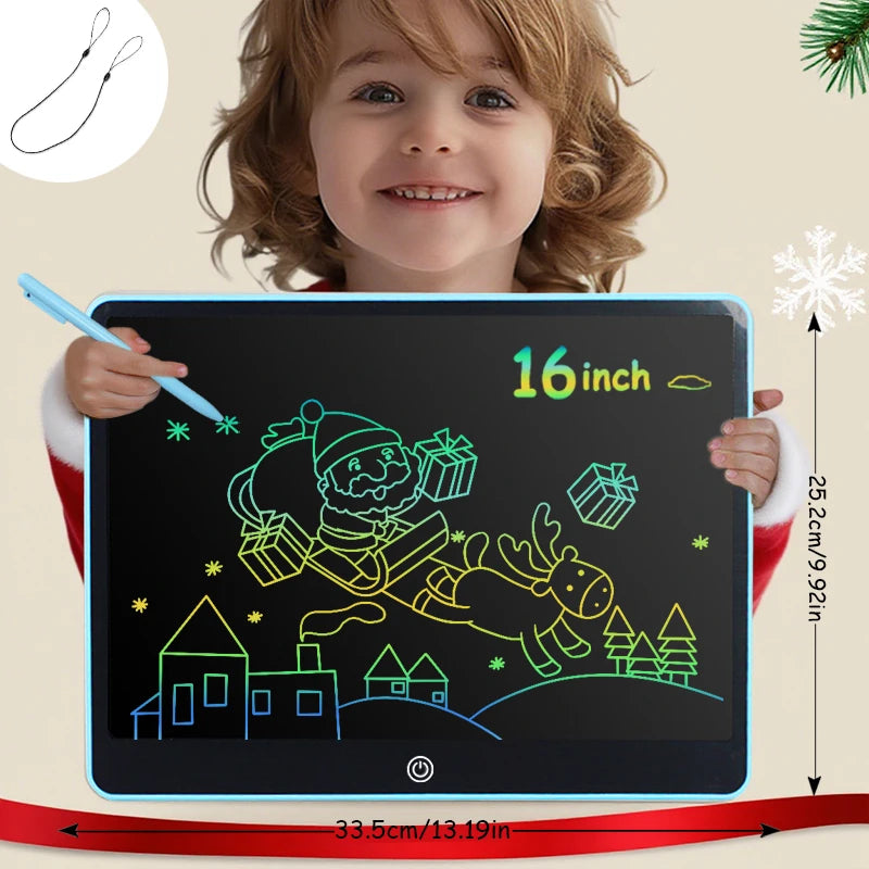 A young child holds a 16-inch multi-color LCD writing tablet displaying a drawing of a reindeer and presents.