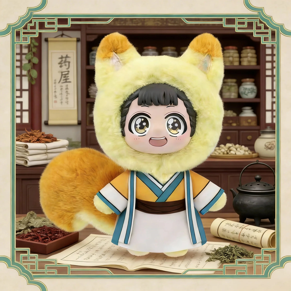 A plush blind box featuring a cat-like character with yellow fur and dark hair, dressed in traditional attire.