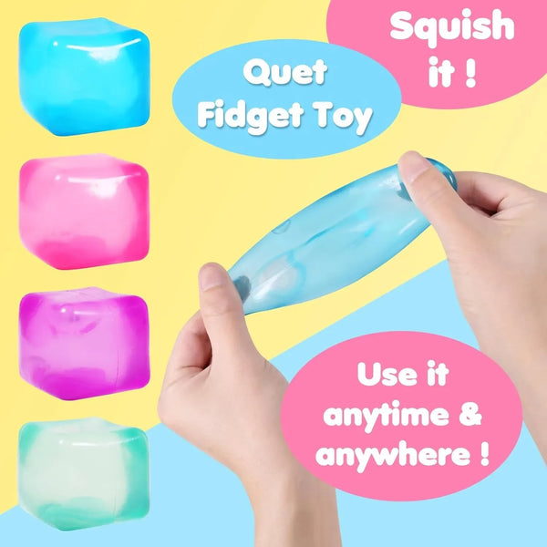 A hand squeezes a translucent blue squishy toy, demonstrating its use as a fidget toy.