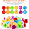 A set of colorful matching eggs for cognitive pairing and shape recognition activities.