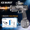 A clear plastic toy gun labeled Ice Burst with an auto reload feature and battery components shown below.
