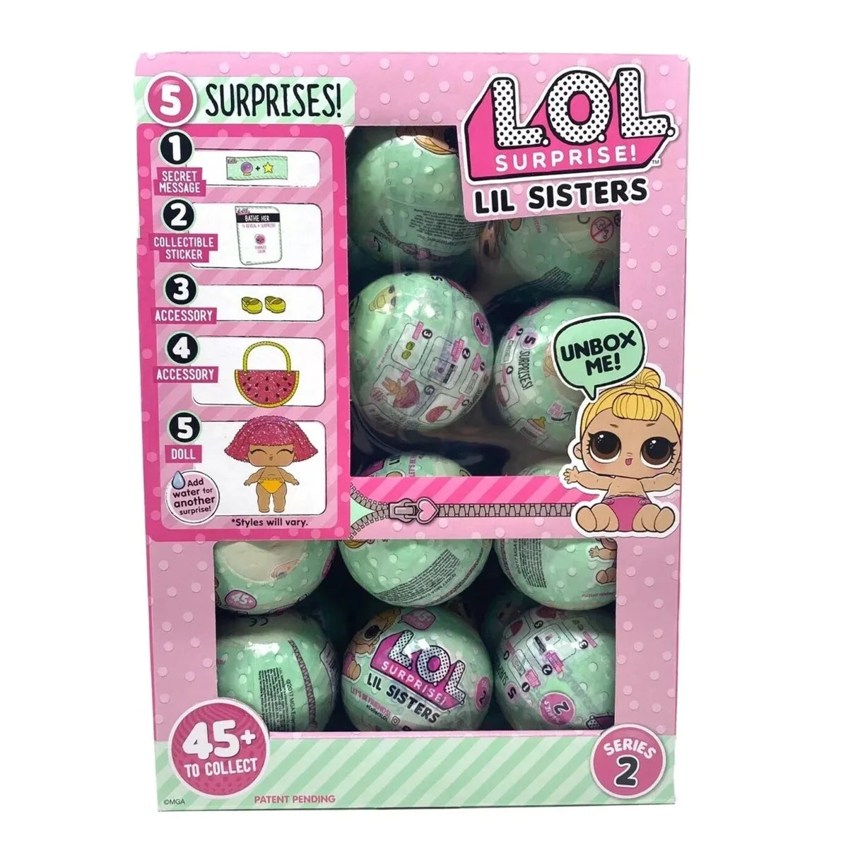A box of LOL Surprise! Lil Sisters Series 2 featuring a blind ball and five surprises.