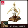A model dinosaur skeleton, likely a Tyrannosaurus Rex fossil, built from building blocks for museum display.