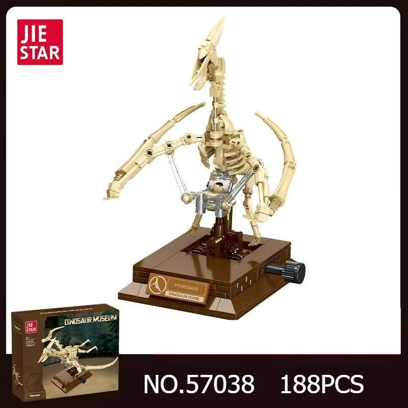 A model dinosaur skeleton, likely a Tyrannosaurus Rex fossil, built from building blocks for museum display.