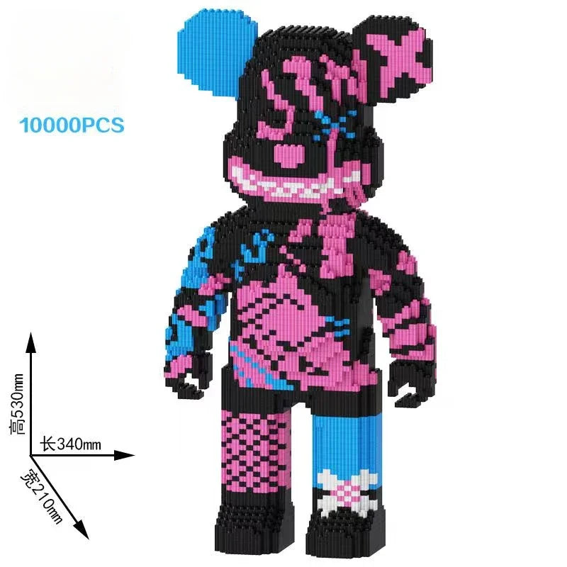 A black and pink building block model of a bear with blue accents, shown with dimensions.