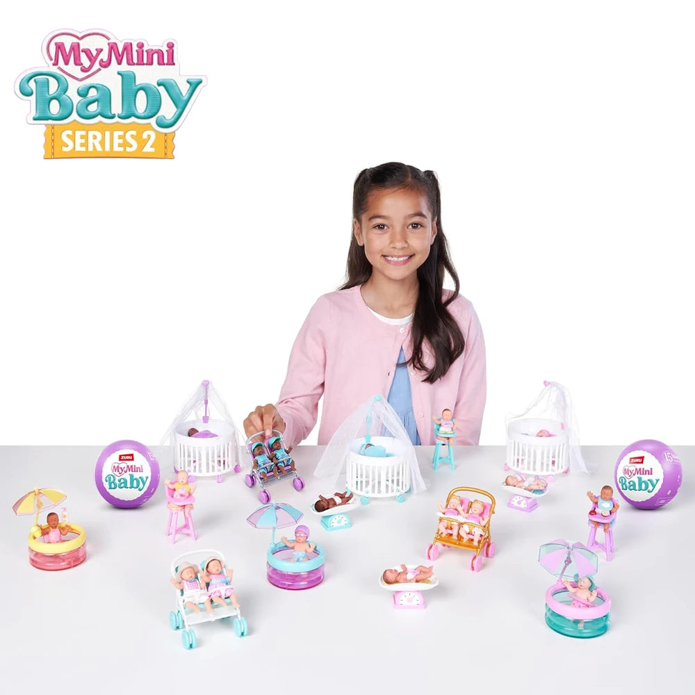 A young girl is shown with various My Mini Baby Series 2 collectible capsule dolls and accessories.