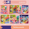 A set of three fantasy puzzles featuring characters and scenes from vehicle, ocean, and dinosaur themes in various difficulty