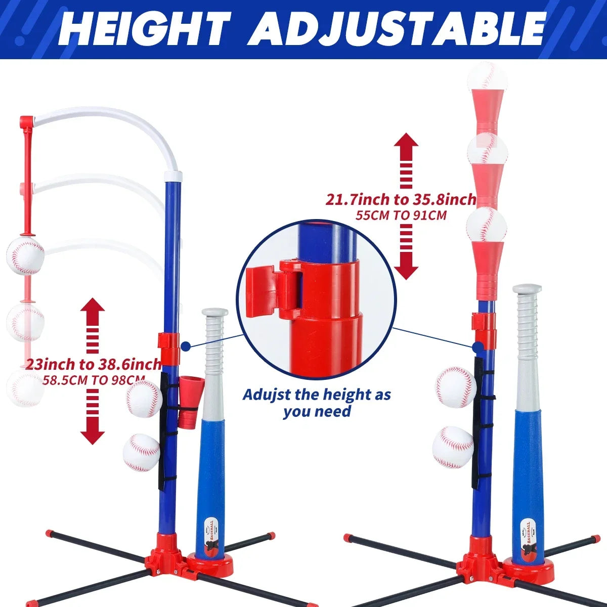Red and blue adjustable stand for a baseball toy set with an auto launcher.