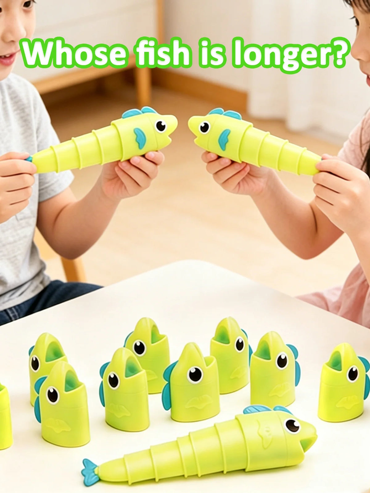 Children holding and comparing yellow plastic fish toys used in an educational fishing game