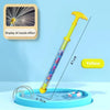A yellow water blaster toy gun is shown spraying water into a blue pool, with a display of a nozzle effect visible.
