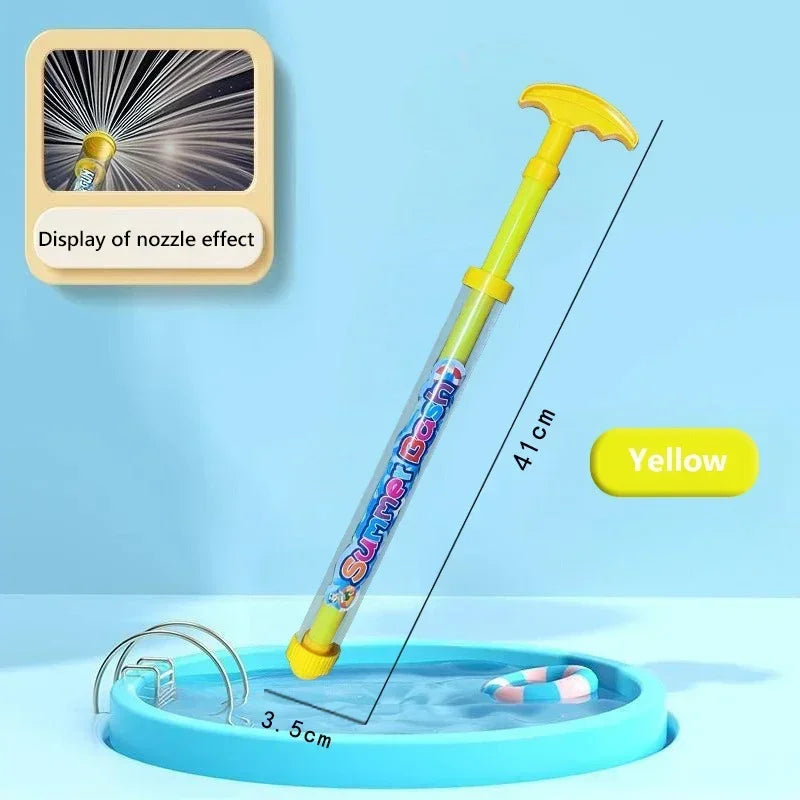 A yellow water blaster toy gun is shown spraying water into a blue pool, with a display of a nozzle effect visible.