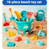 An 18-piece beach toy set featuring various plastic tools and buckets for sand play on a sandy surface.