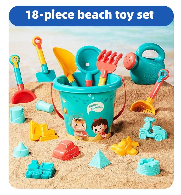 An 18-piece beach toy set featuring various plastic tools and buckets for sand play on a sandy surface.