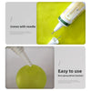 A tube of transparent TPR repair glue is shown with a needle, next to a yellow squishy ball.