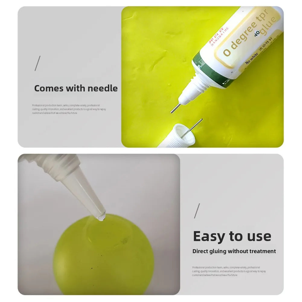 A tube of transparent TPR repair glue is shown with a needle, next to a yellow squishy ball.