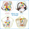 Soft plush hanging baby toys shown in context for a baby stroller, car seat, and crib.