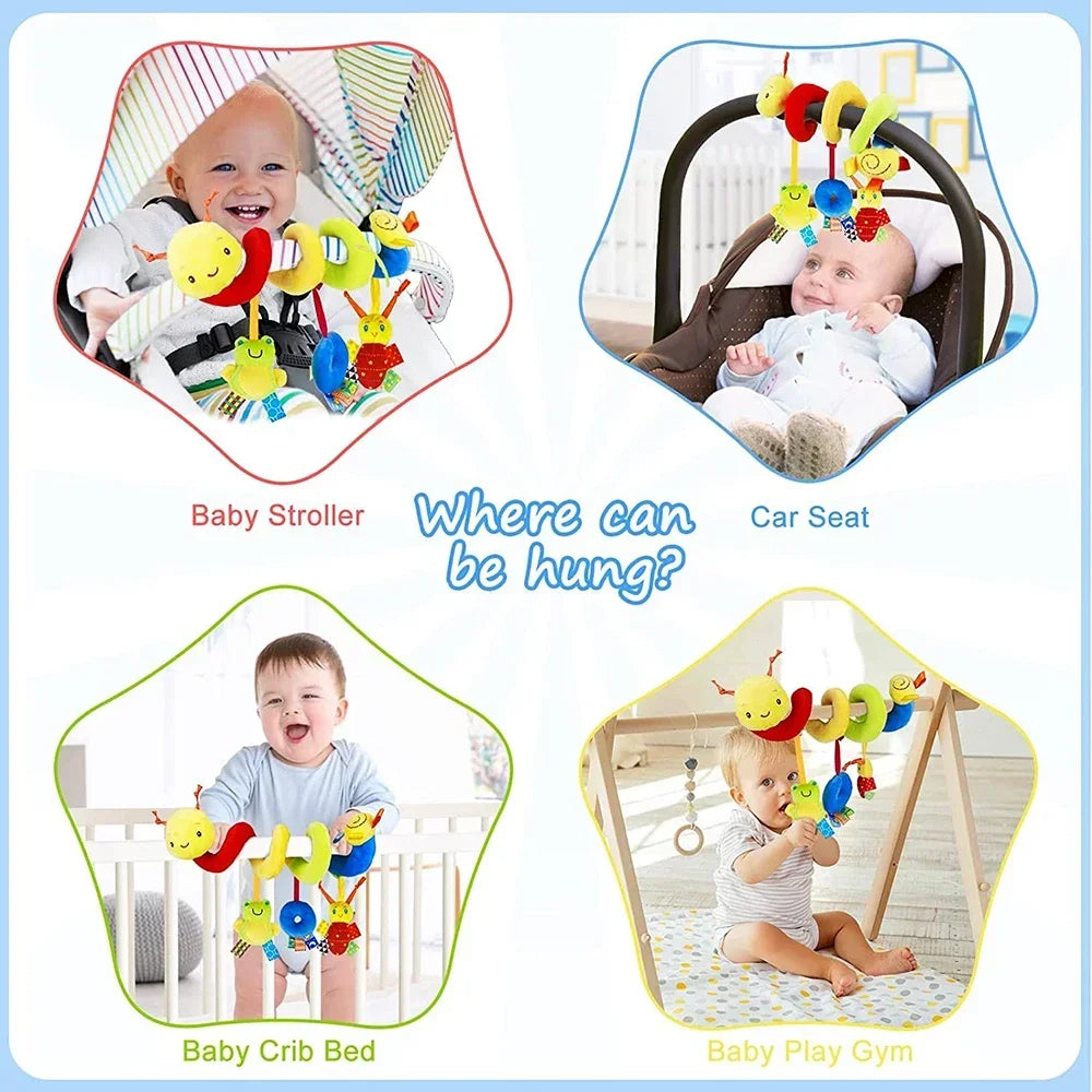 Soft plush hanging baby toys shown in context for a baby stroller, car seat, and crib.