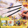 A set of 13 micro detail paint brushes for fine art and craft work shown alongside watercolor, acrylic, oil, and gouache pain