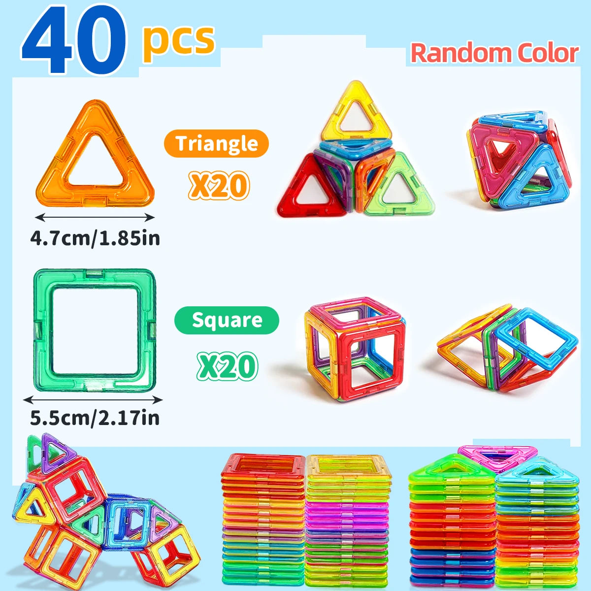 A set of 40 random color magnetic building blocks including triangles and squares for STEM learning.