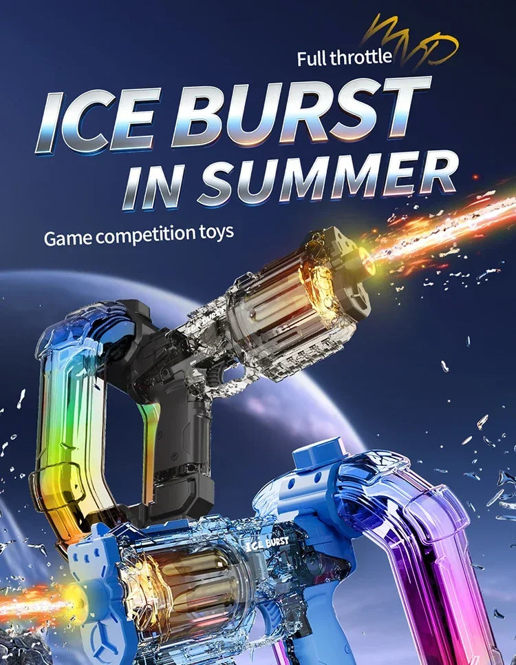 A close-up of an LED electric water gun with automatic continuous shooting features, showing various colors and a powerful bl
