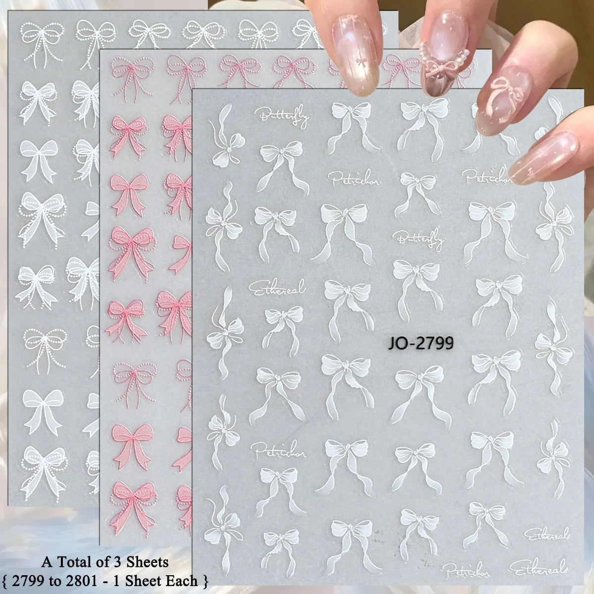 3D Bow Nail Stickers with Ribbon, Heart & Stripe Designs