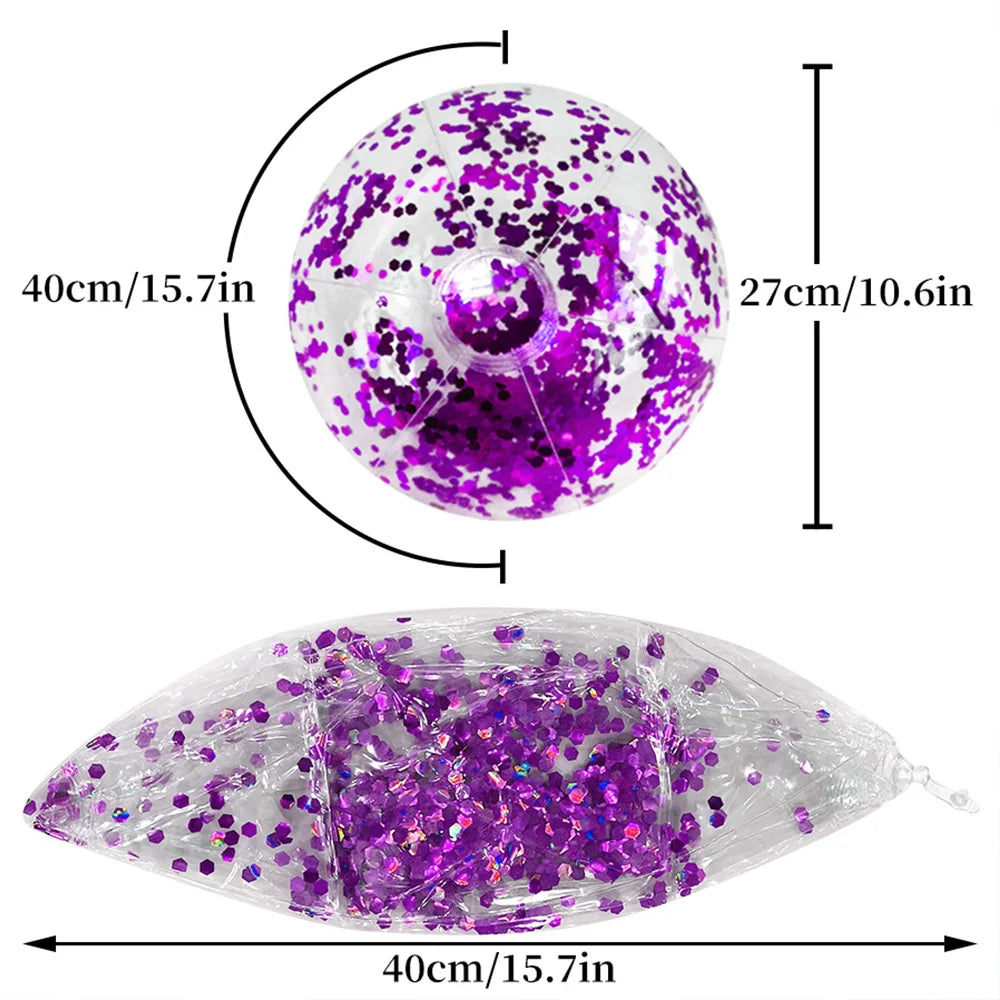 A clear inflatable beach ball filled with purple sequins, shown from above and the side.