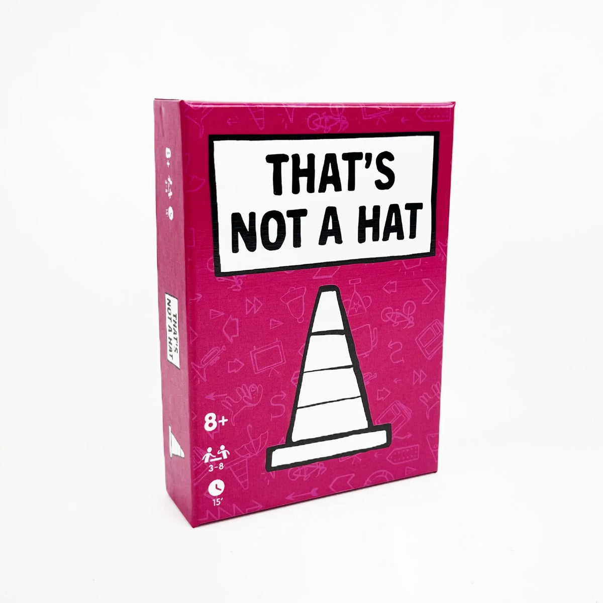 A pink box for the That's Not a Hat bluffing and memory party game with a title that reads That's Not a Hat