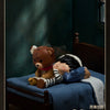 A brown bear collectible figure with a red collar is resting on a blue fabric, next to a white-covered figure.