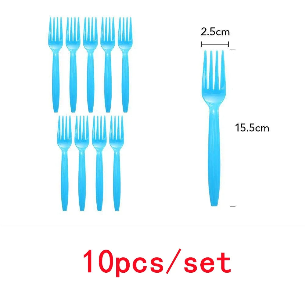 A set of ten blue plastic forks for party decorations.
