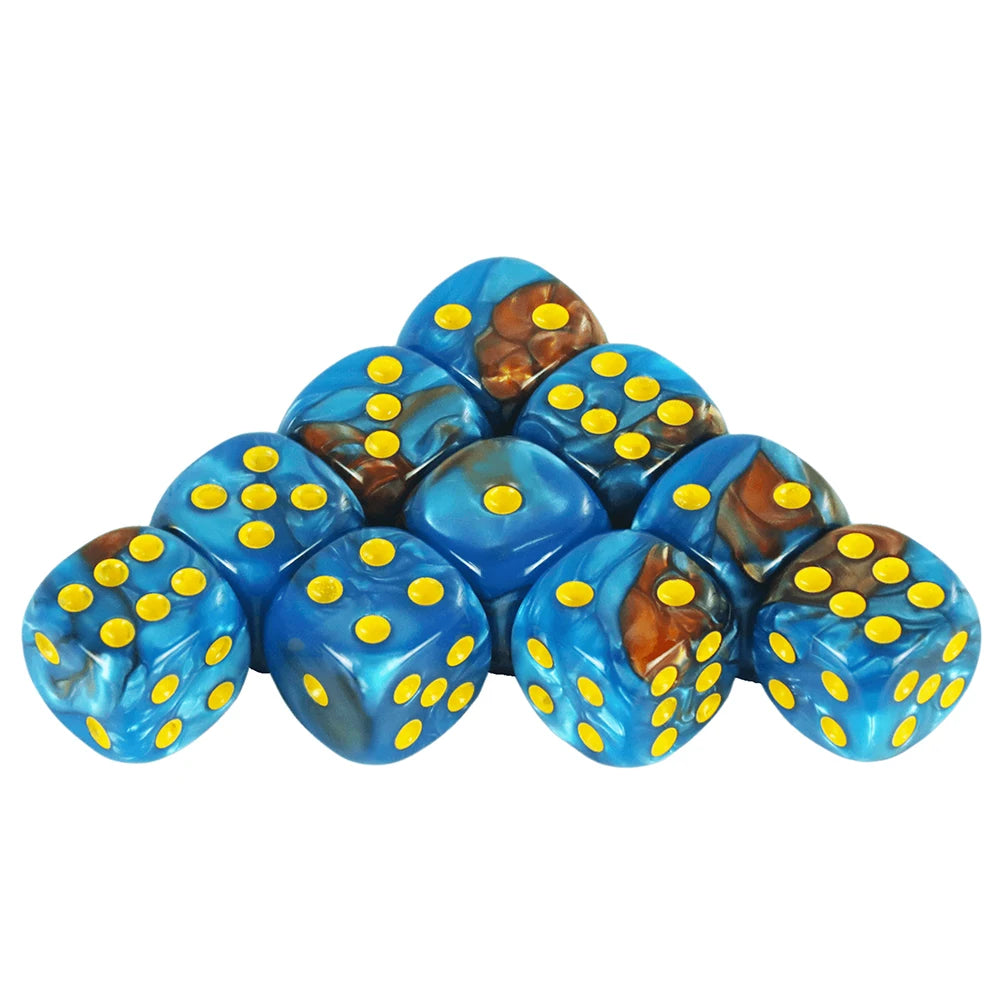 A set of ten colorful blue dice with gold dots and brown markings inside a storage tube.
