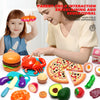A parent is interacting with a child using an 81-piece pretend play food cutting set for educational entertainment.